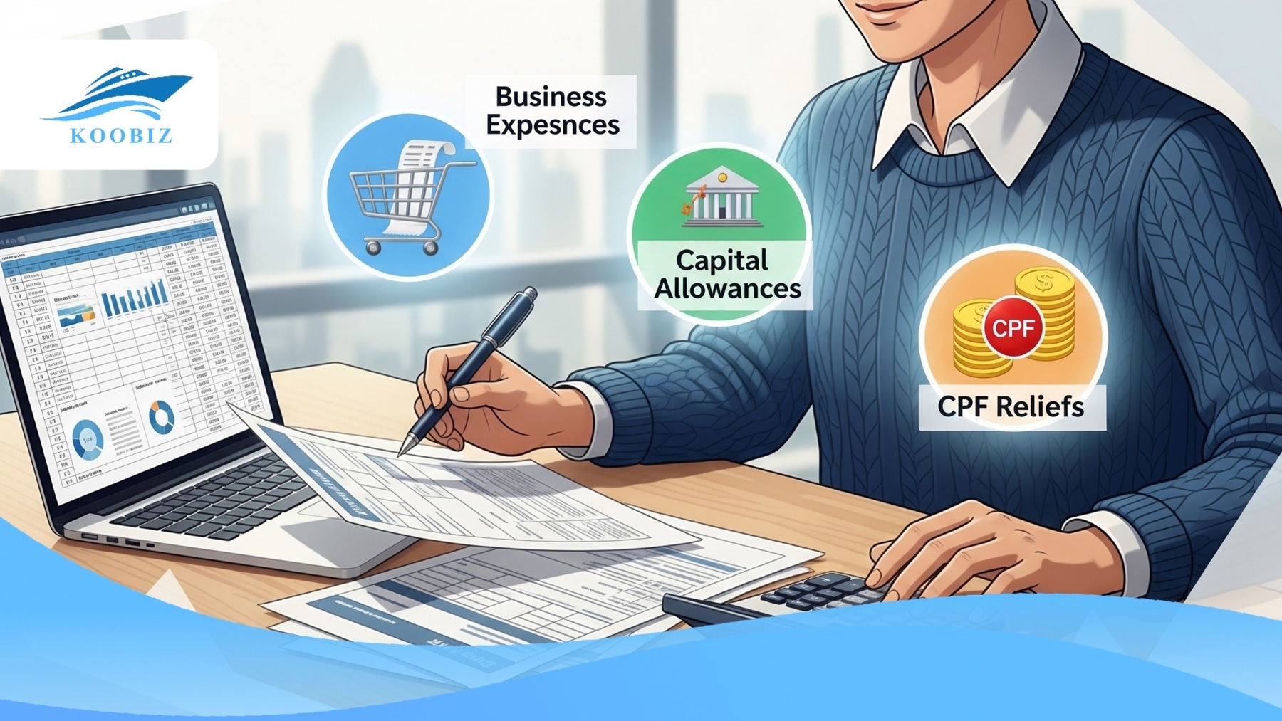Deduct business expenses, claim capital allowances, and apply CPF reliefs Deduct business expenses, claim capital allowances, and apply CPF reliefs